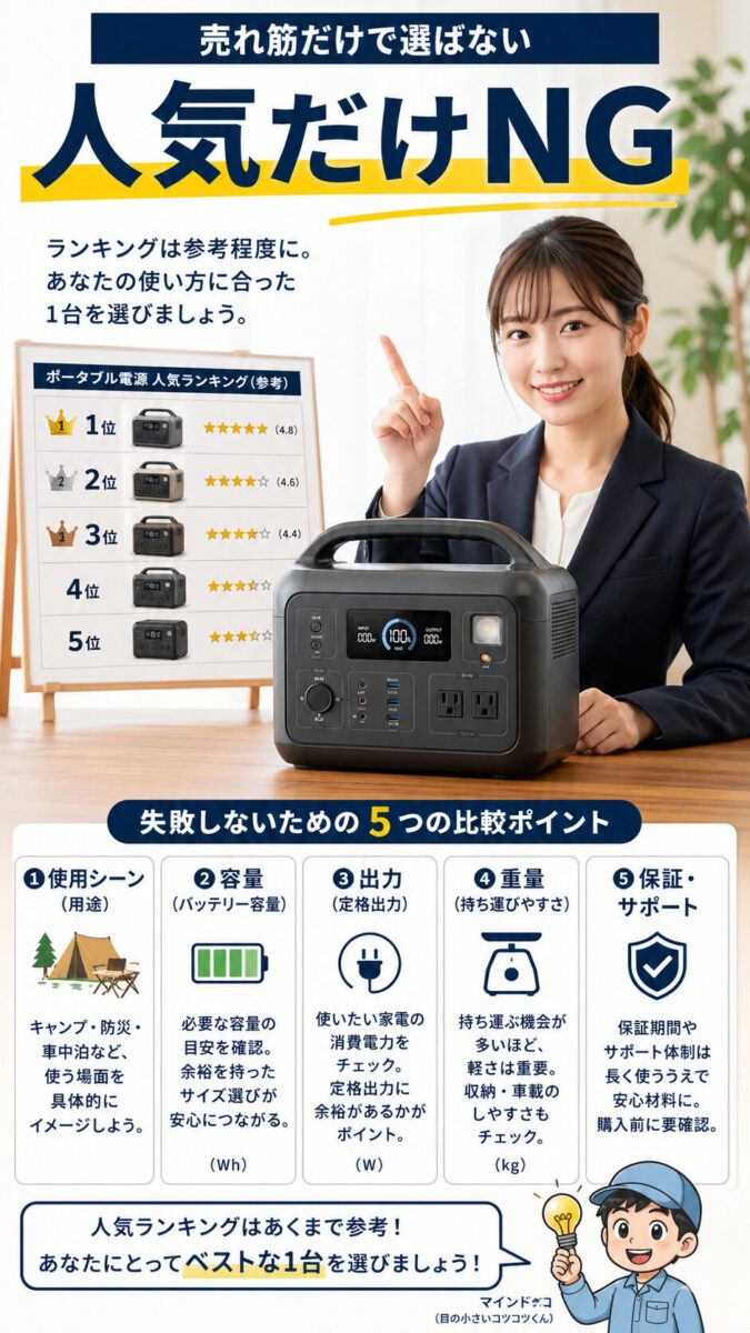 売れ筋順位だけでなく用途や性能を見てポータブル電源を選ぶイメージ