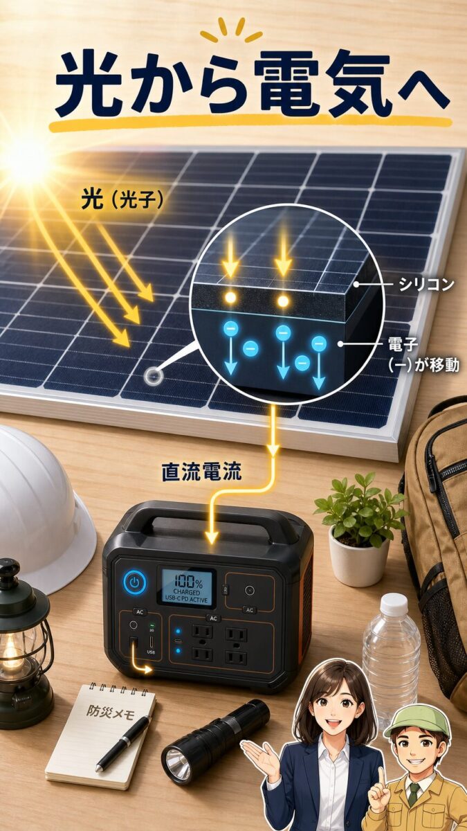 太陽光がシリコンに当たり電気へ変わる仕組みを示す縦型画像
