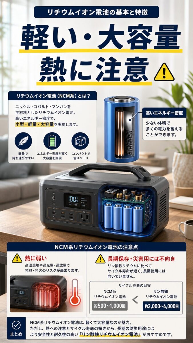 軽くて大容量だが熱に注意が必要なリチウムイオン電池の特徴を示す画像