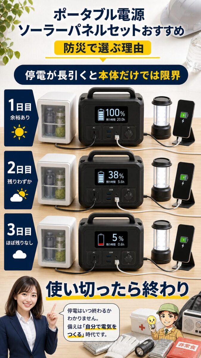 長期停電でポータブル電源の蓄電だけでは限界が来るイメージ