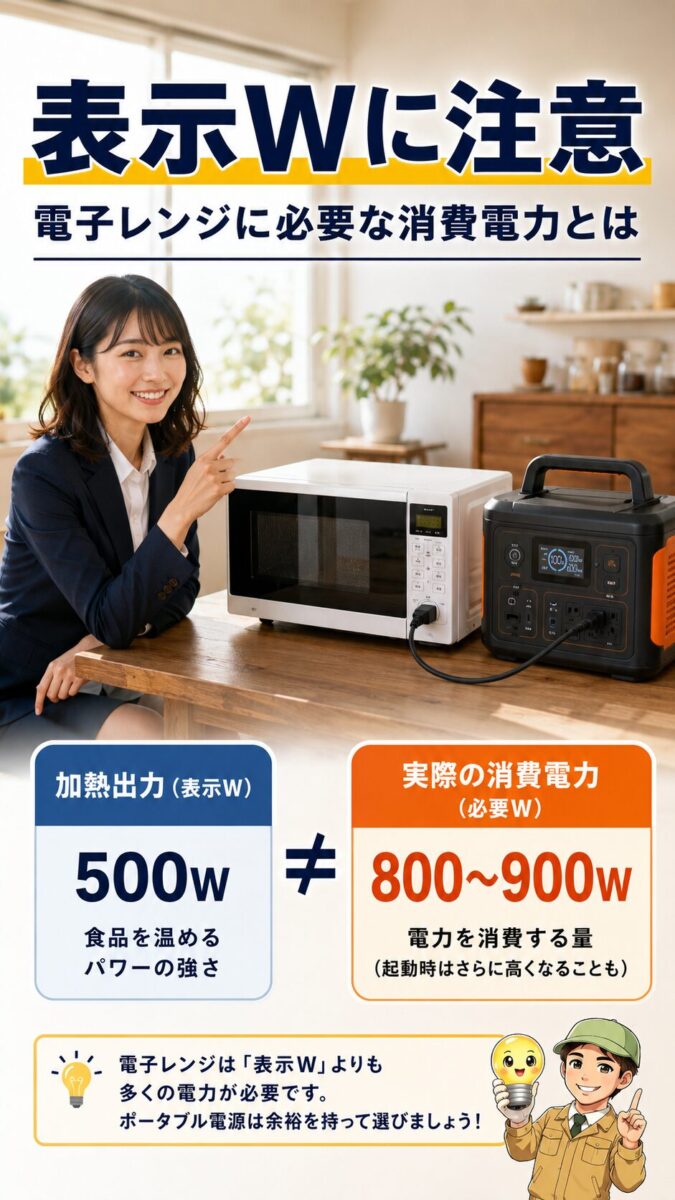 電子レンジの加熱出力と実際の消費電力の違いを示す画像