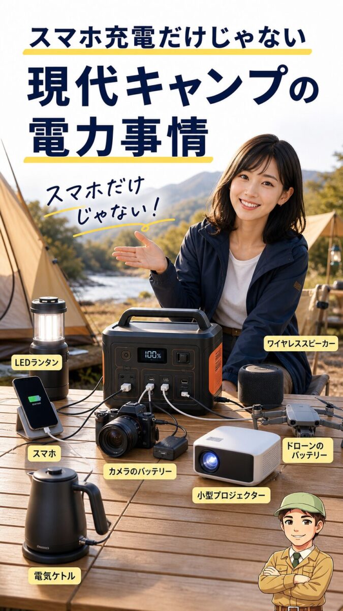 現代キャンプでスマホ以外にも電力が必要な場面を表す画像