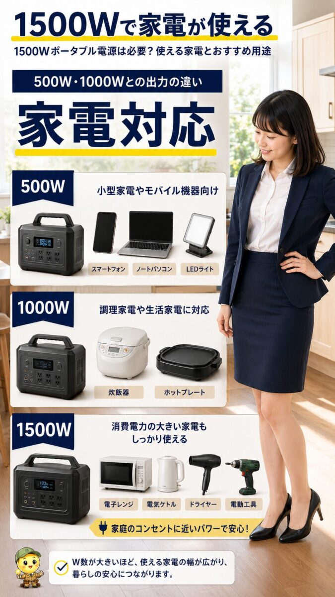 500W1000W1500Wの出力差と使える家電を比較する縦型画像