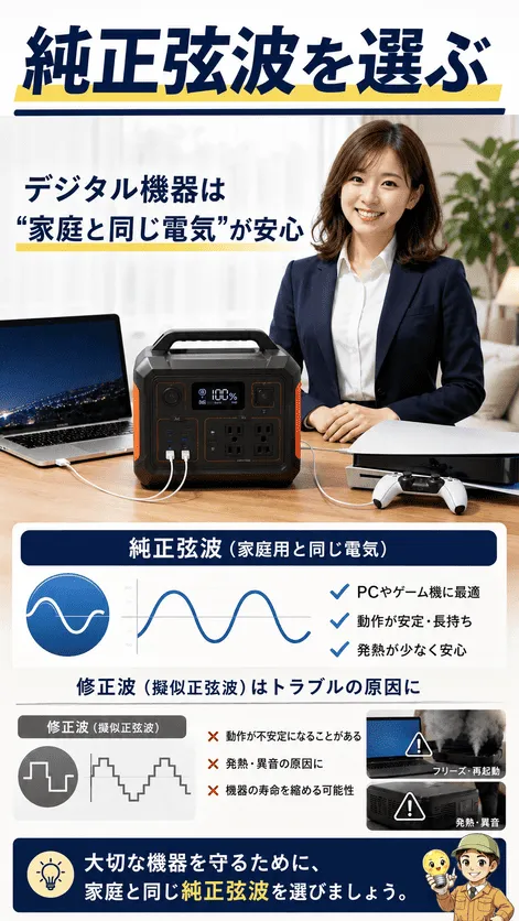 純正弦波のポータブル電源がデジタル機器に適していることを示す画像