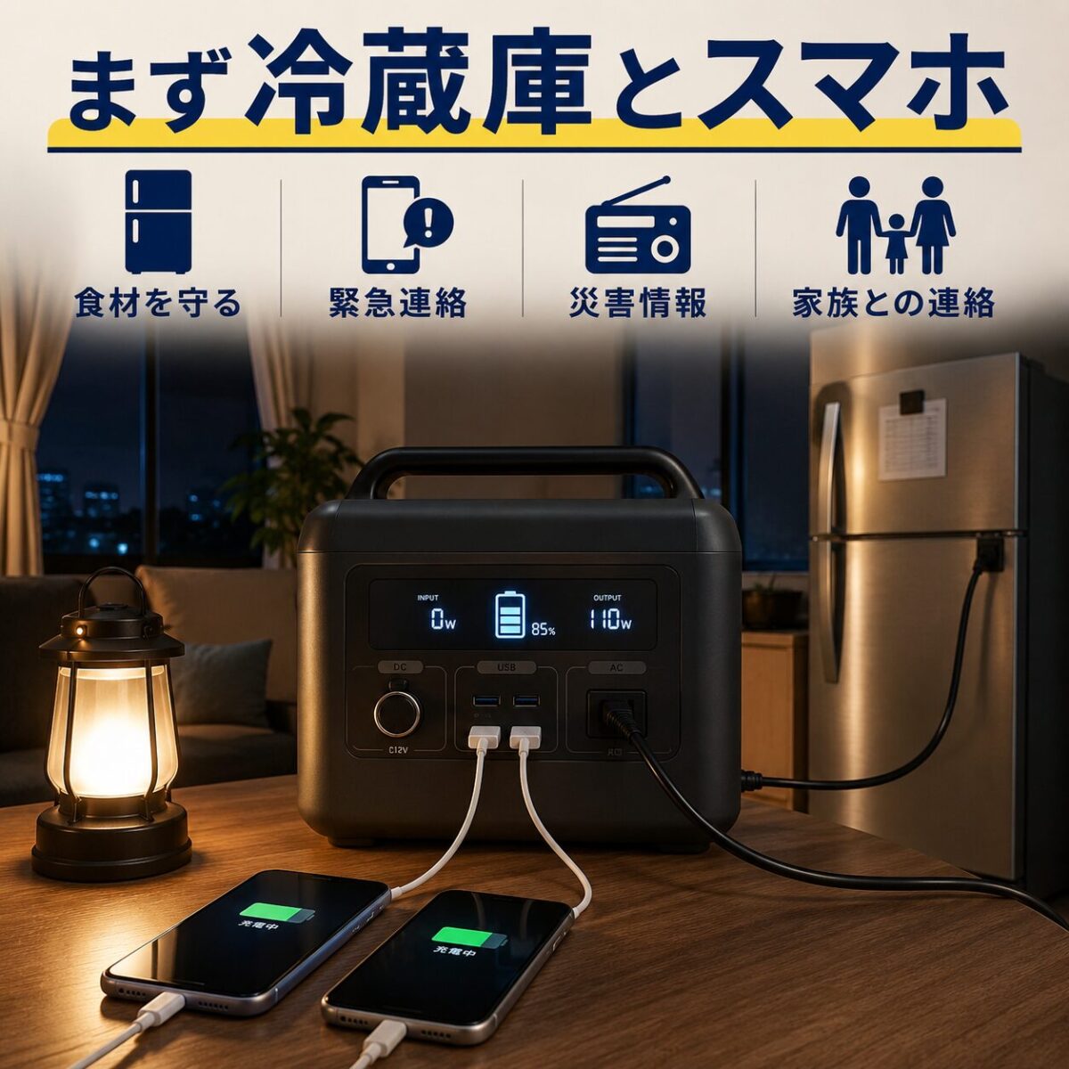 停電時に冷蔵庫とスマホを最優先でポータブル電源につなぐイメージ