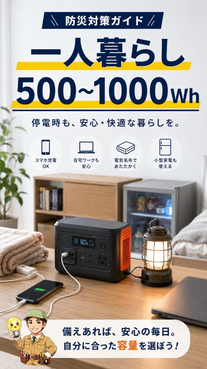 一人暮らし向けの防災用ポータブル電源容量を示す画像