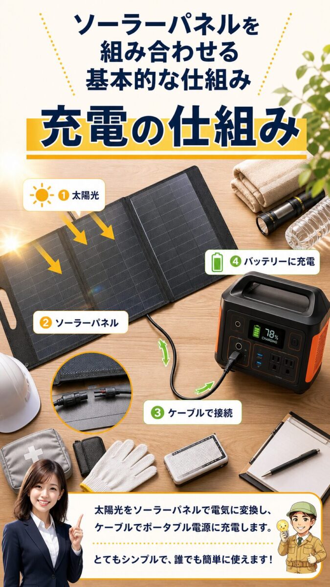 ソーラーパネルでポータブル電源を充電する基本的な仕組みの画像