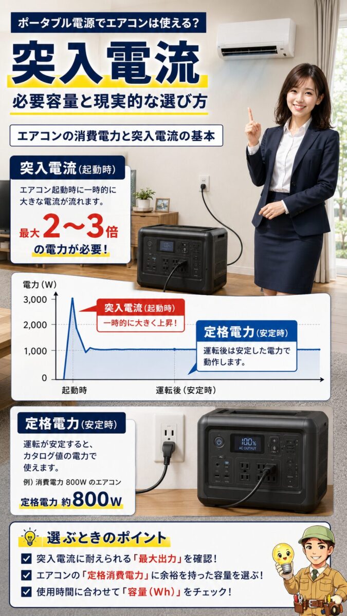 エアコン起動時の突入電流と安定運転時の定格電力を示す図