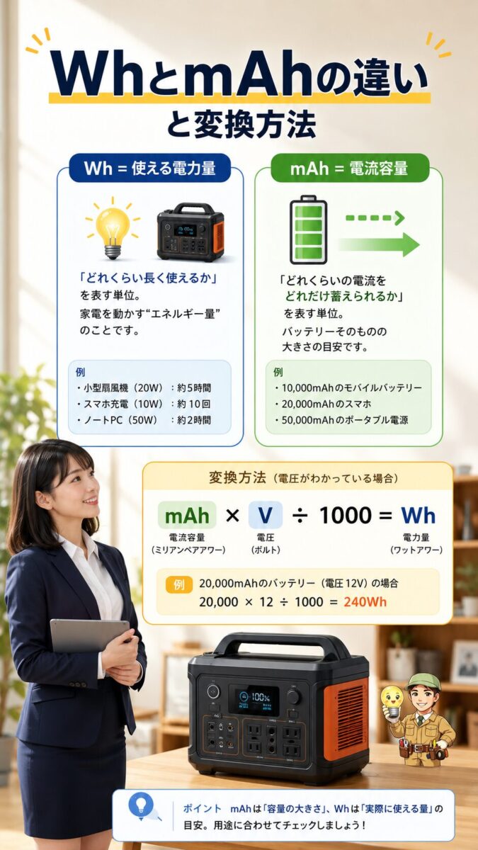 WhとmAhの違いと変換式をポータブル電源と一緒に示した縦型画像