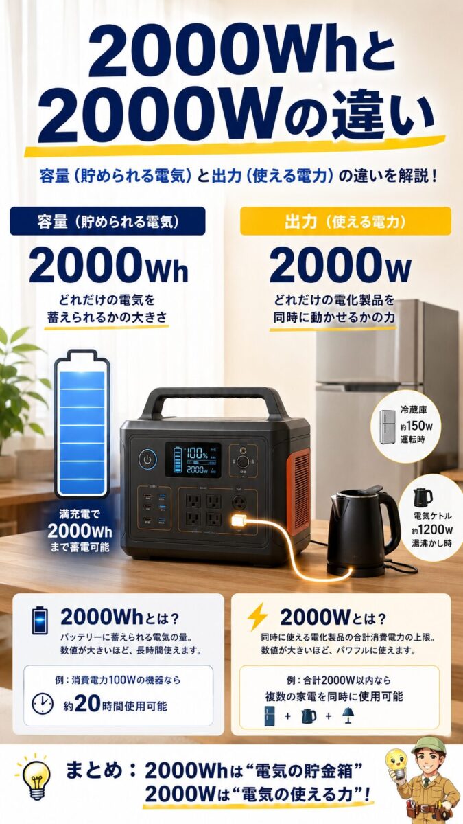2000Whは容量、2000Wは出力であることをポータブル電源と家電で比較した縦型画像