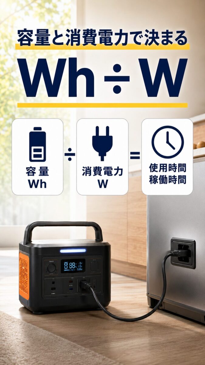 冷蔵庫の稼働時間がポータブル電源の容量Whと消費電力Wで決まることを示す画像