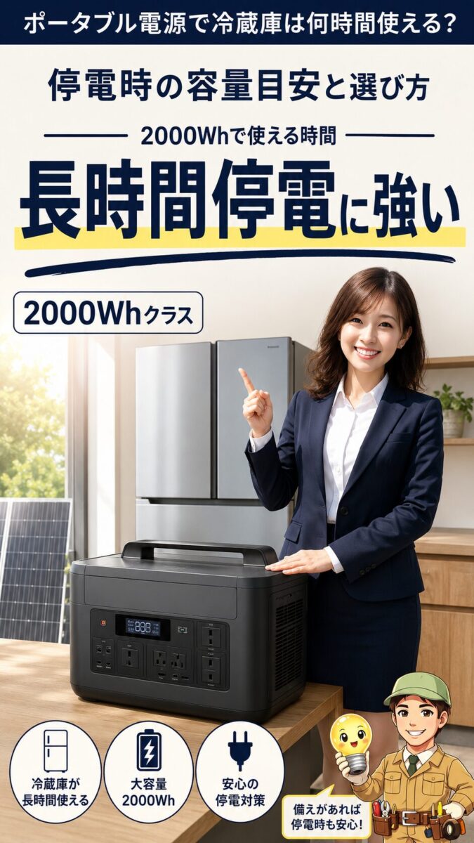 2000Whのポータブル電源で冷蔵庫や冷凍庫を長時間守るイメージ画像