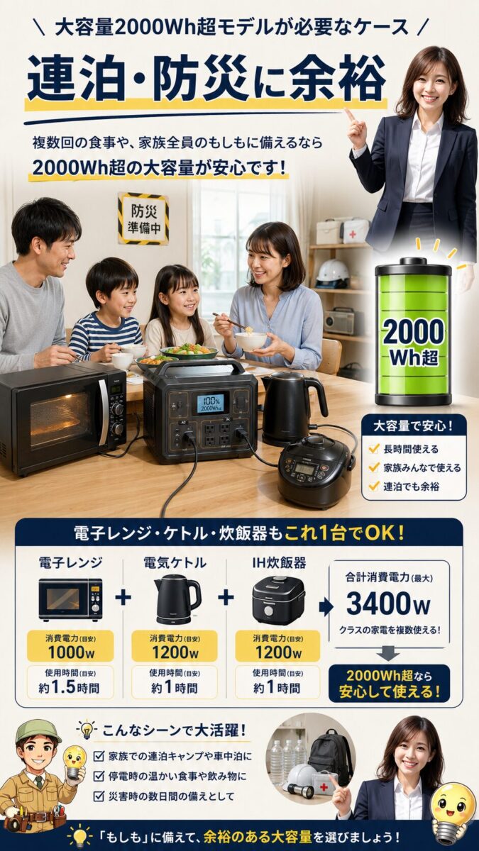連泊や防災用途で2000Wh超の大容量ポータブル電源が役立つことを示す画像