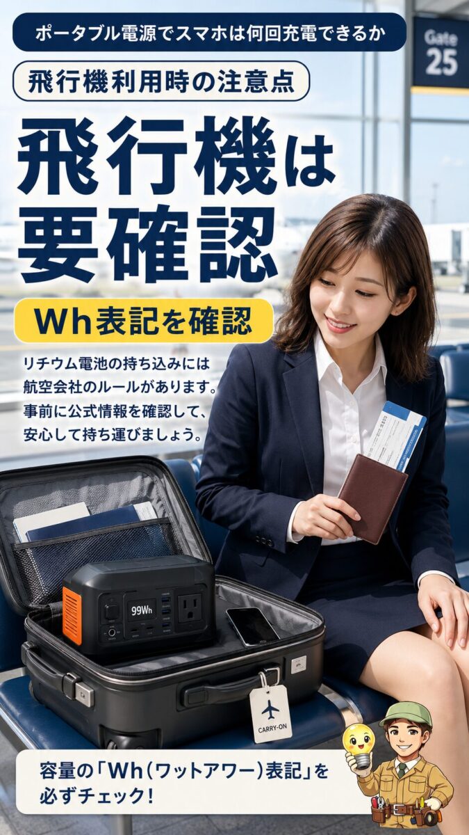 99Whクラスのポータブル電源を飛行機に持ち込む際はWh表記と公式ルールを確認する必要があることを示す縦型画像