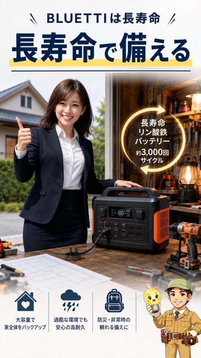長寿命で大容量バックアップに向いたポータブル電源のイメージ