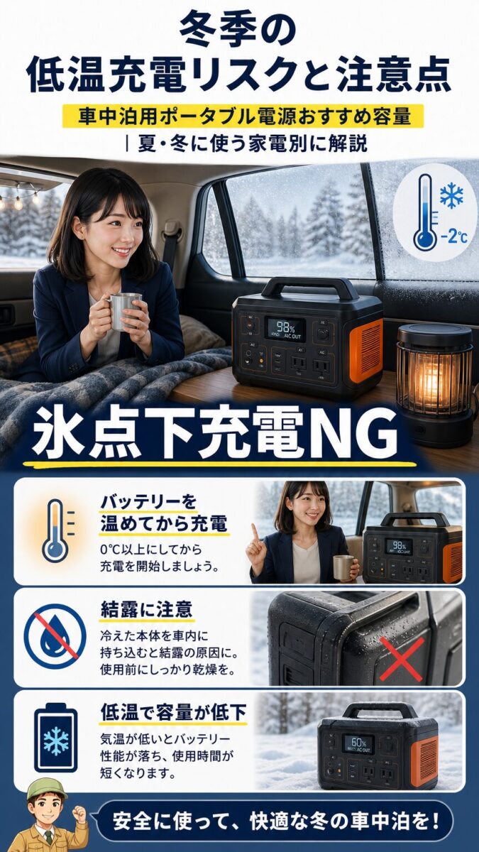 冬の低温環境でポータブル電源を充電するリスクのイメージ