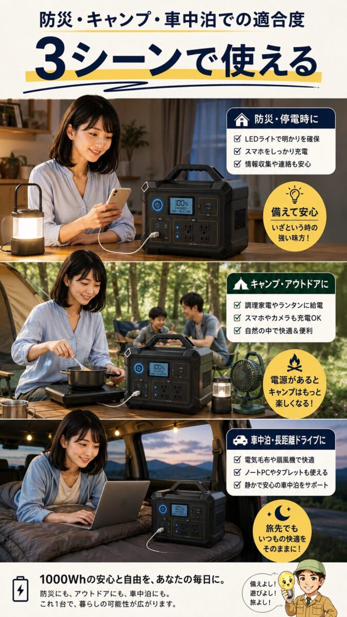 1000Whポータブル電源が防災とキャンプと車中泊に適していることを示した縦型画像