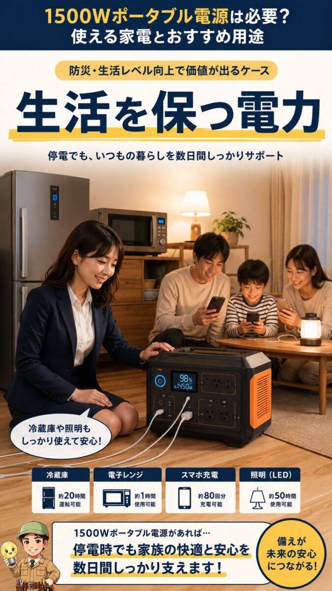 防災時に生活レベルを保つ1500Wポータブル電源の価値を表す画像