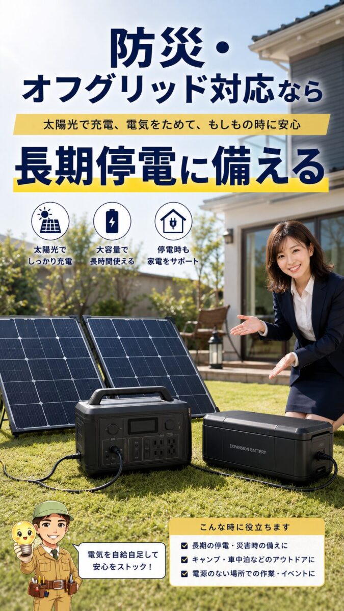 ソーラー入力と拡張バッテリーで長期停電やオフグリッドに備える画像