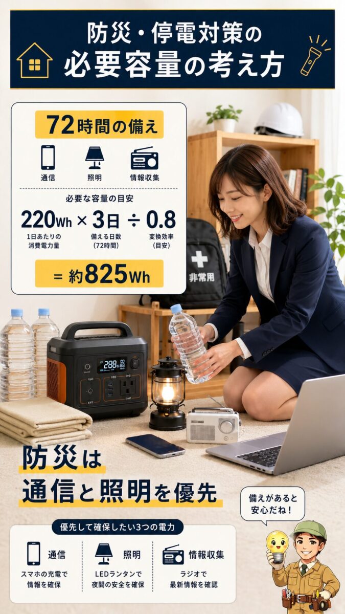 停電時に72時間の通信と照明を守るためのポータブル電源容量を示した画像