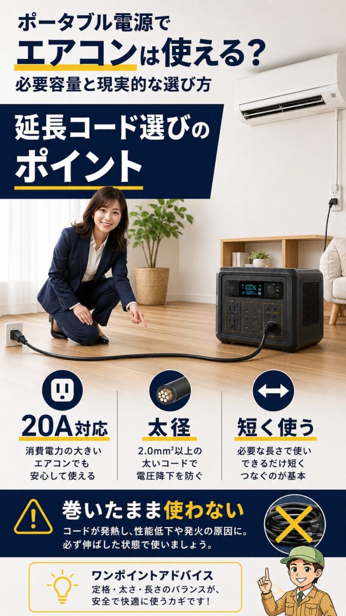 エアコン用延長コードは太径で大電流対応のものを伸ばして使うことを示す図