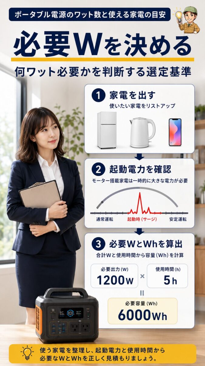 必要なワット数を3ステップで判断する縦型画像