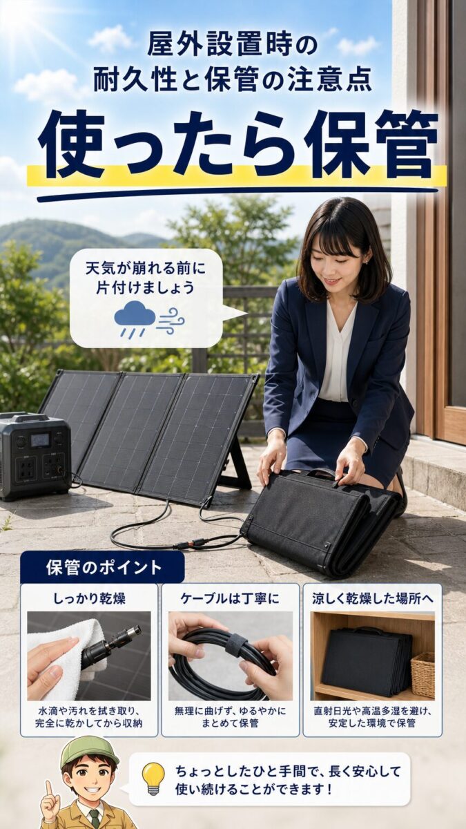 屋外で使ったソーラーパネルを雨や強風の前に安全に保管する画像