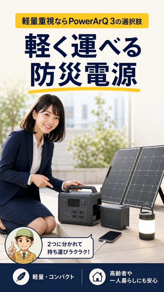 PowerArQ 3の軽量さとバッテリー着脱式の使いやすさを示すイメージ