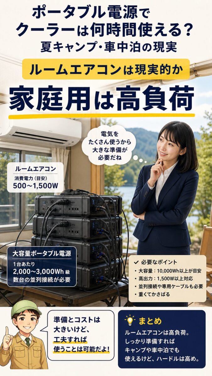 家庭用ルームエアコンをポータブル電源で使うには高出力と大容量が必要な画像