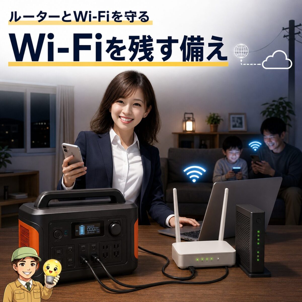 ポータブル電源でONUとルーターに給電しWi-Fi環境を維持するイメージ