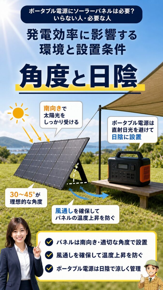 ソーラーパネルの角度や日陰管理が発電効率に影響する画像
