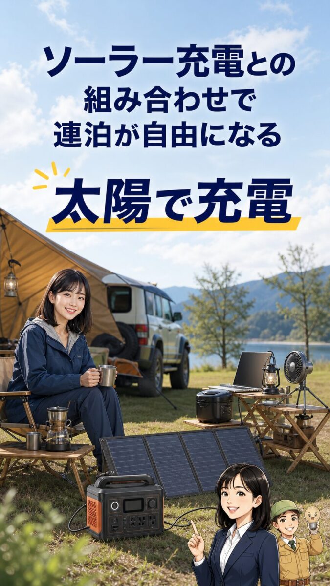ソーラー充電でキャンプ連泊の電力を補う画像