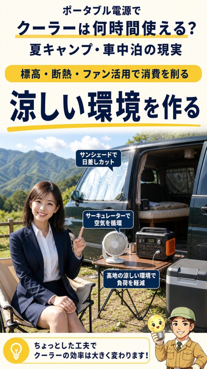 標高や断熱や小型ファンを活用してクーラーの消費電力を抑える画像