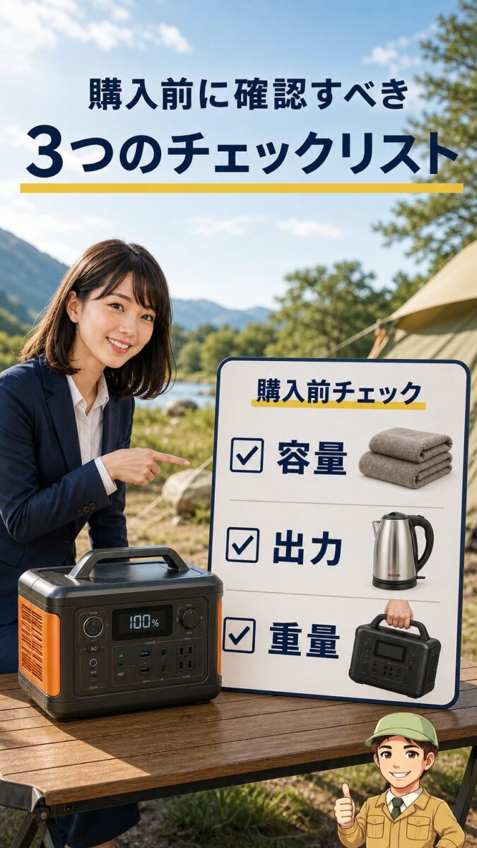 ポータブル電源購入前に容量出力重量を確認する画像
