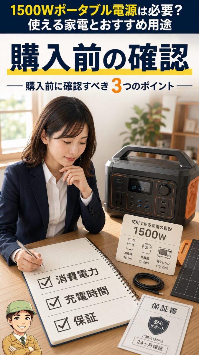 1500Wポータブル電源の購入前に確認すべき3項目を示す画像