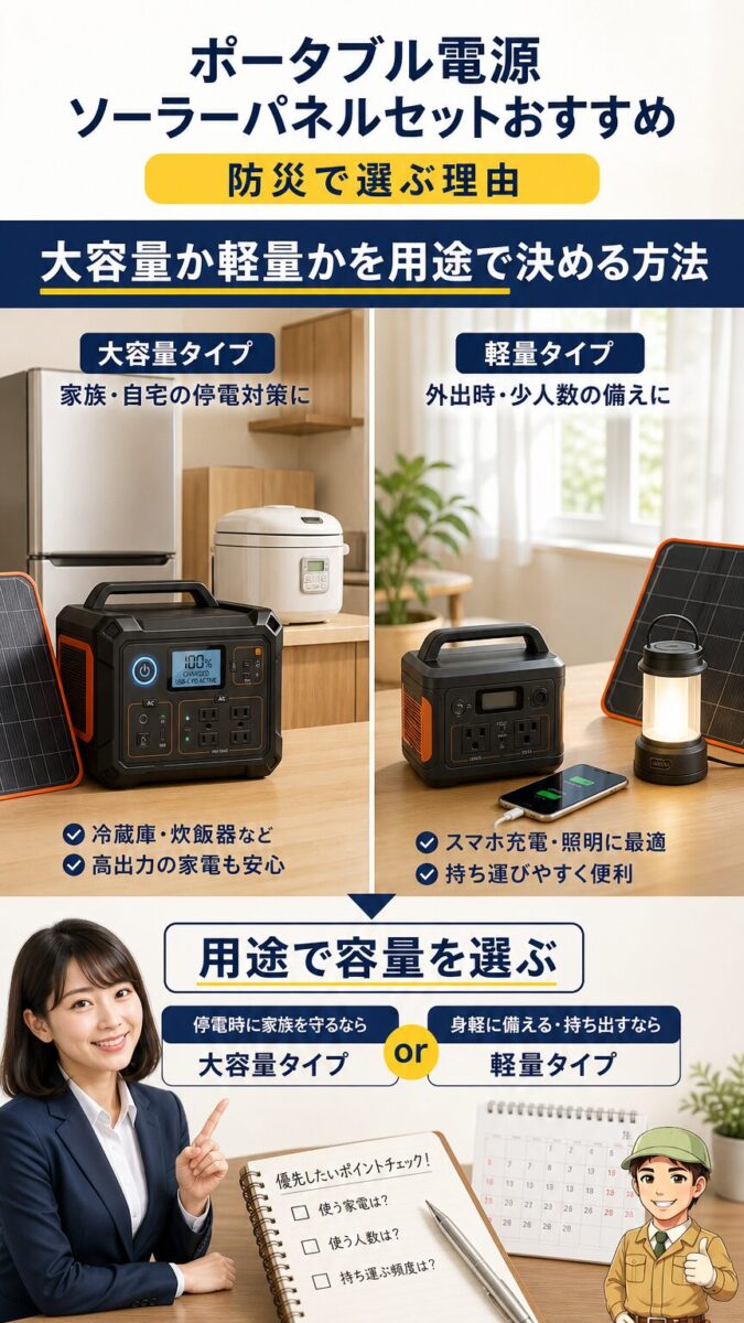 大容量モデルと軽量モデルを用途に合わせて選ぶイメージ