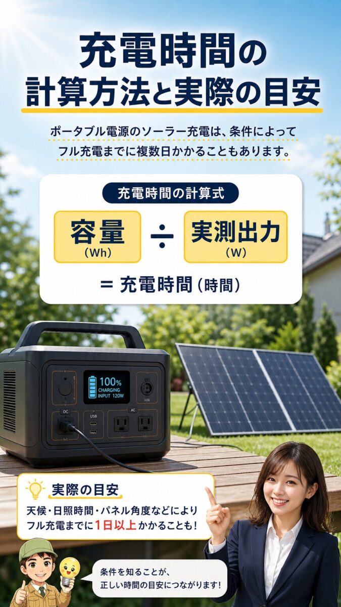 ポータブル電源の充電時間を容量と実測出力で計算する方法を示す画像