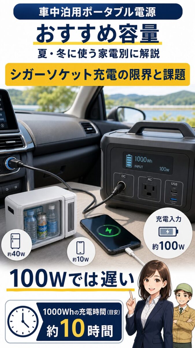 シガーソケット充電ではポータブル電源の充電に時間がかかるイメージ