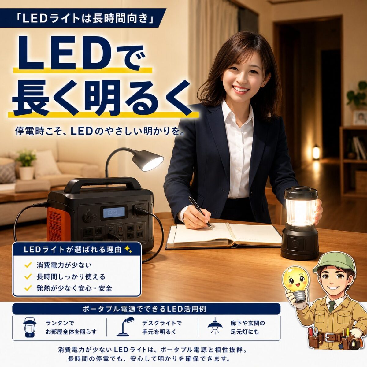 停電時にLEDランタンやLEDライトをポータブル電源で長時間使うイメージ