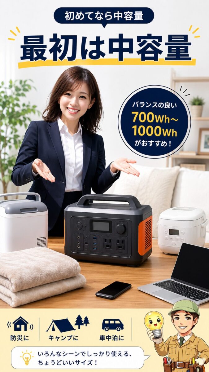 初めての一台として中容量ポータブル電源を選ぶイメージ