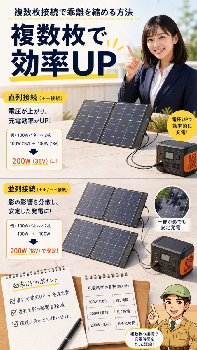 複数枚のソーラーパネル接続で充電効率と実用性を高める方法を示す縦型画像