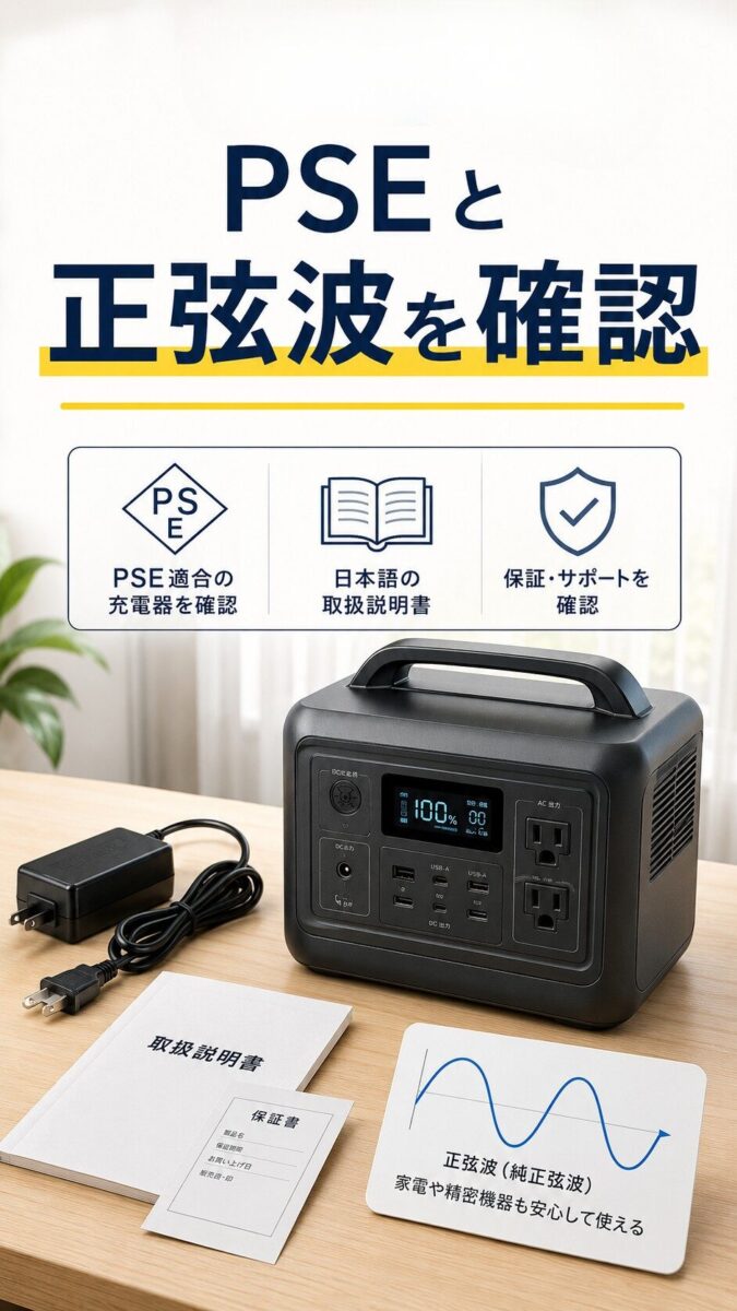 PSE関連表示と正弦波出力を確認するポータブル電源の画像