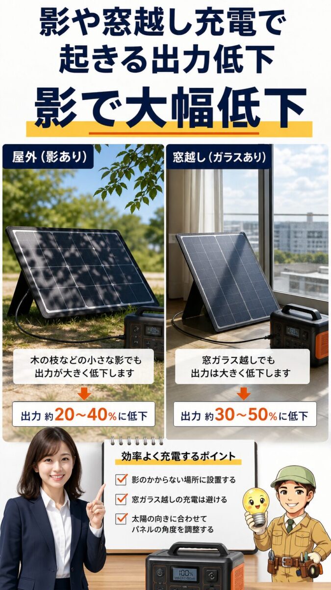 影や窓越し充電でソーラーパネルの出力が低下する画像