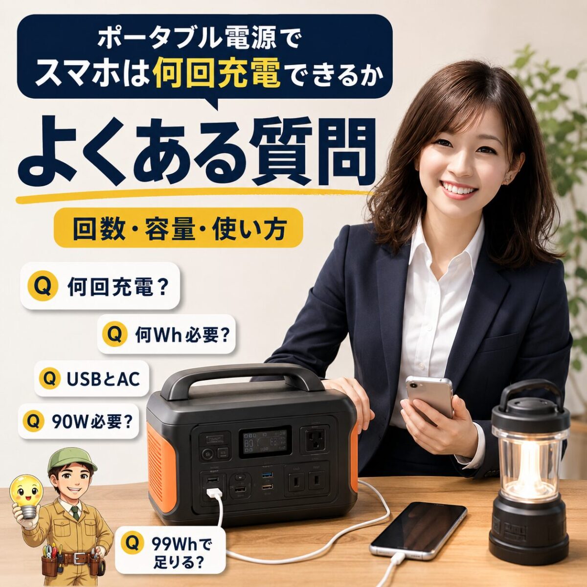 ポータブル電源のスマホ充電回数や容量選びに関するFAQをまとめた縦型画像