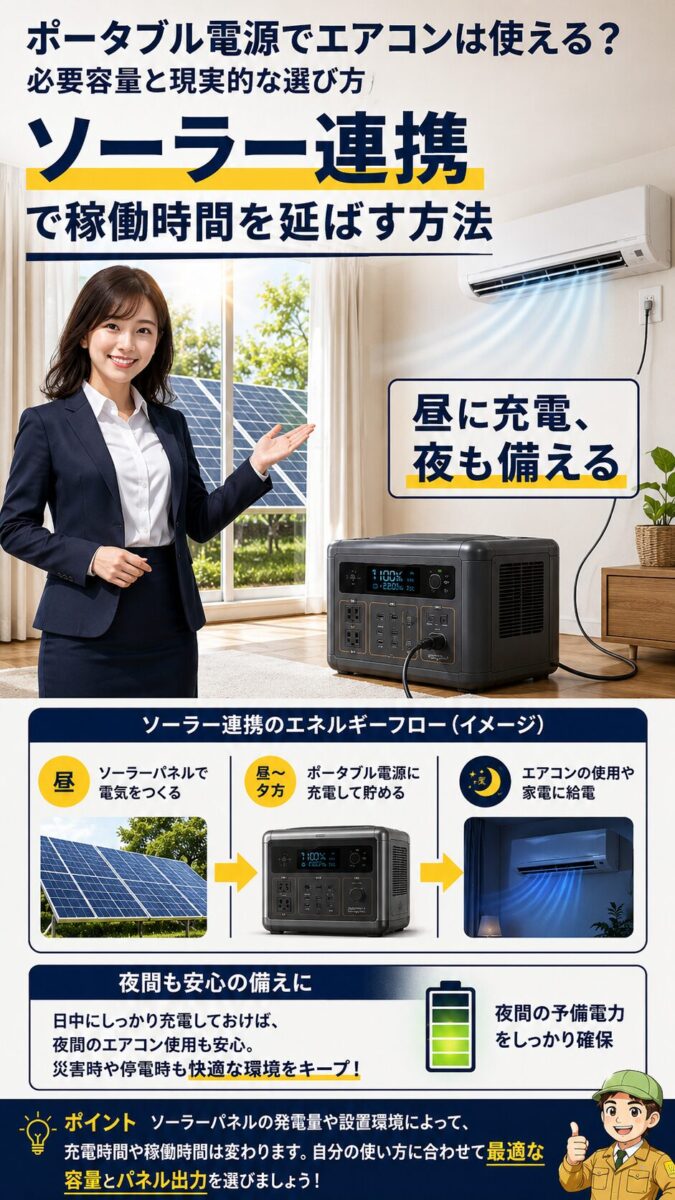 ソーラーパネルで発電しながらポータブル電源でエアコンを動かす仕組み