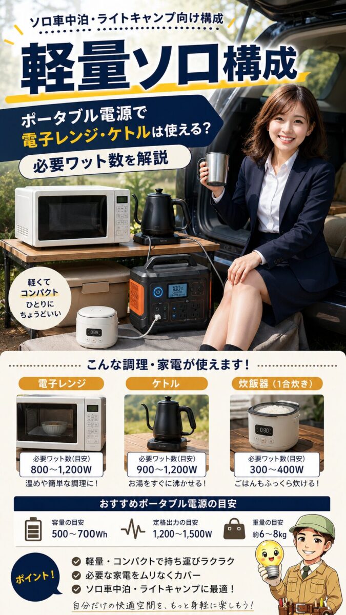 ソロ車中泊やライトキャンプ向けの軽量ポータブル電源構成を示す画像