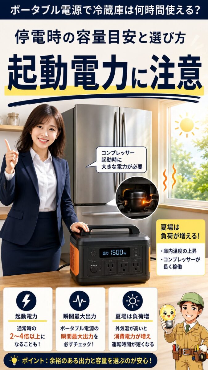 冷蔵庫の起動電力と夏場の消費増加に注意する必要を表した画像