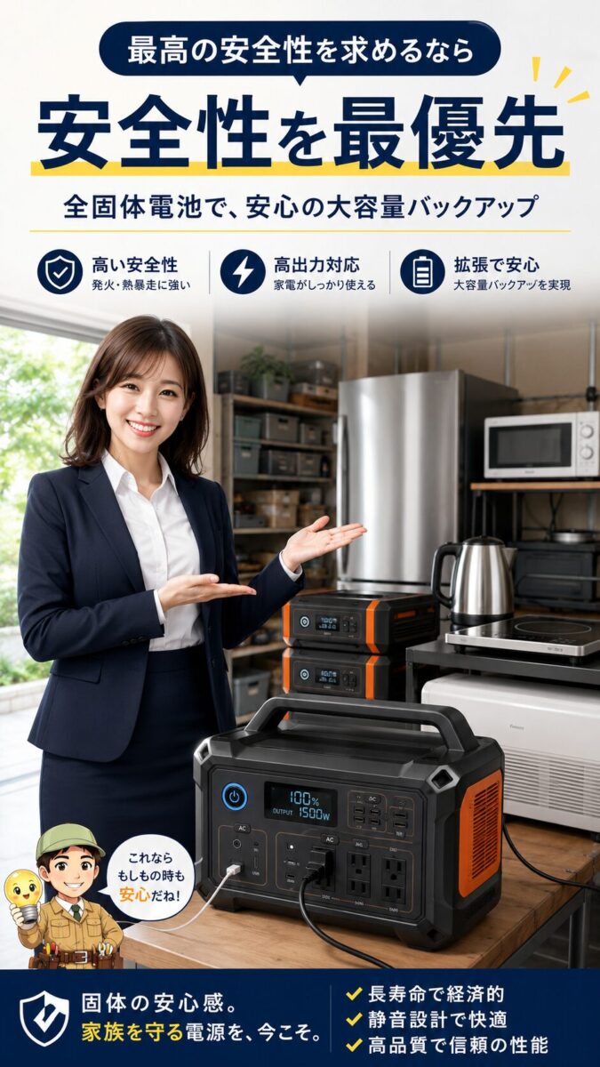 最高レベルの安全性と高出力を備えたポータブル電源を表現した画像