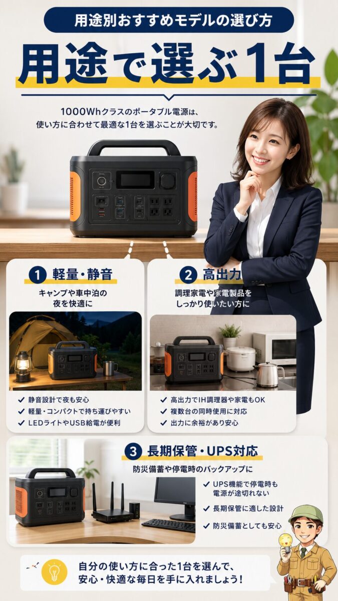 用途別に1000Whクラスのポータブル電源を選ぶ視点を示した縦型画像