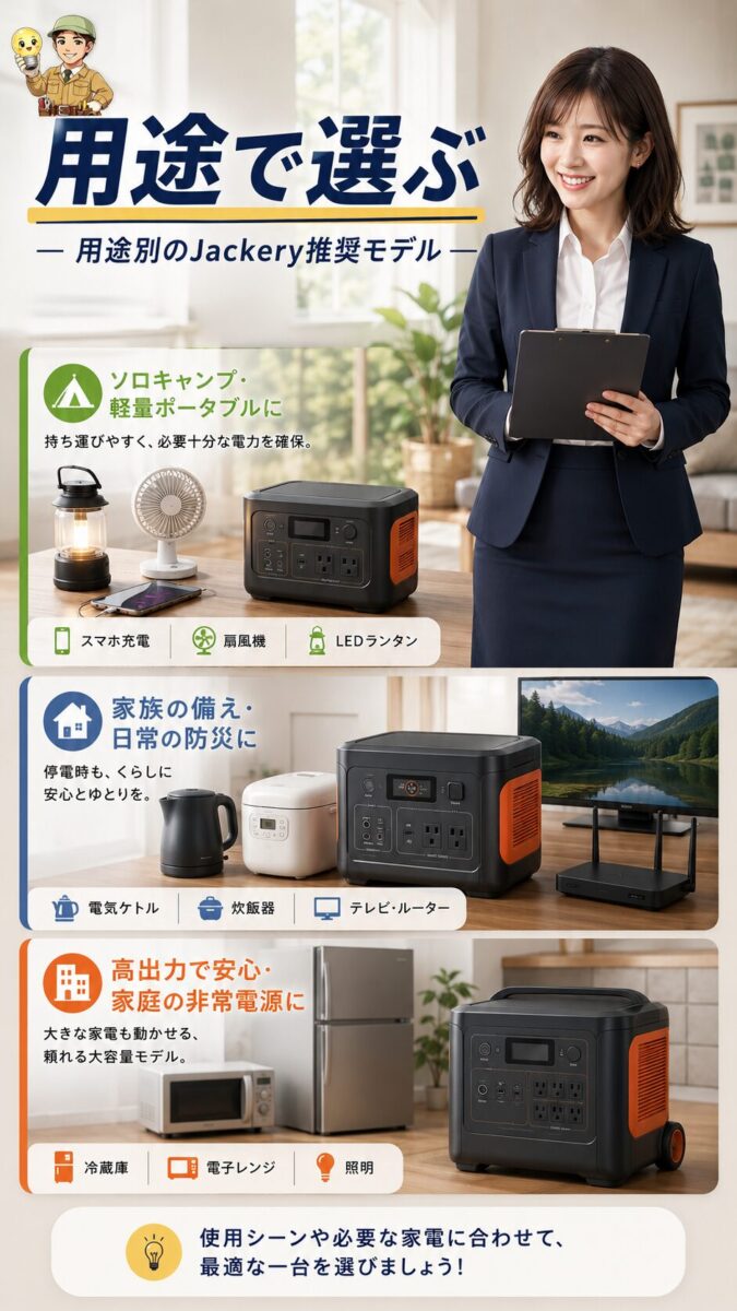 用途別にポータブル電源モデルを選ぶ様子を示した縦型画像